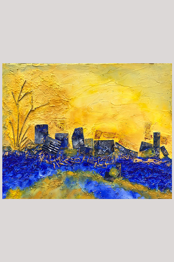 Original mixed media textured abstract landscape painting in the shades ultramarine blue and yellow representing an imaginary city - Cite Imaginaire