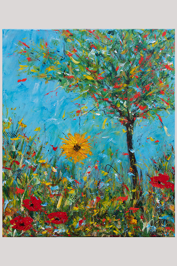 Original acrylic impressionist floral landscape painting on canvas size 16 x 20 inch - My Cousin's Garden