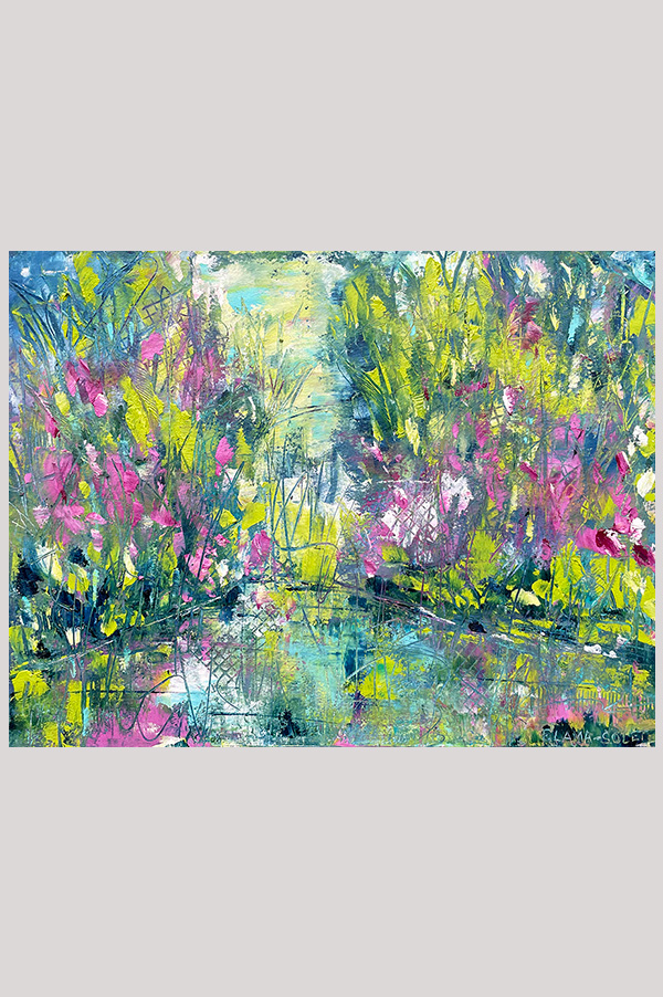 Original mixed media abstract landscape with water reflection painting done with oil and cold wax on oil paper - A Delightful Day #1