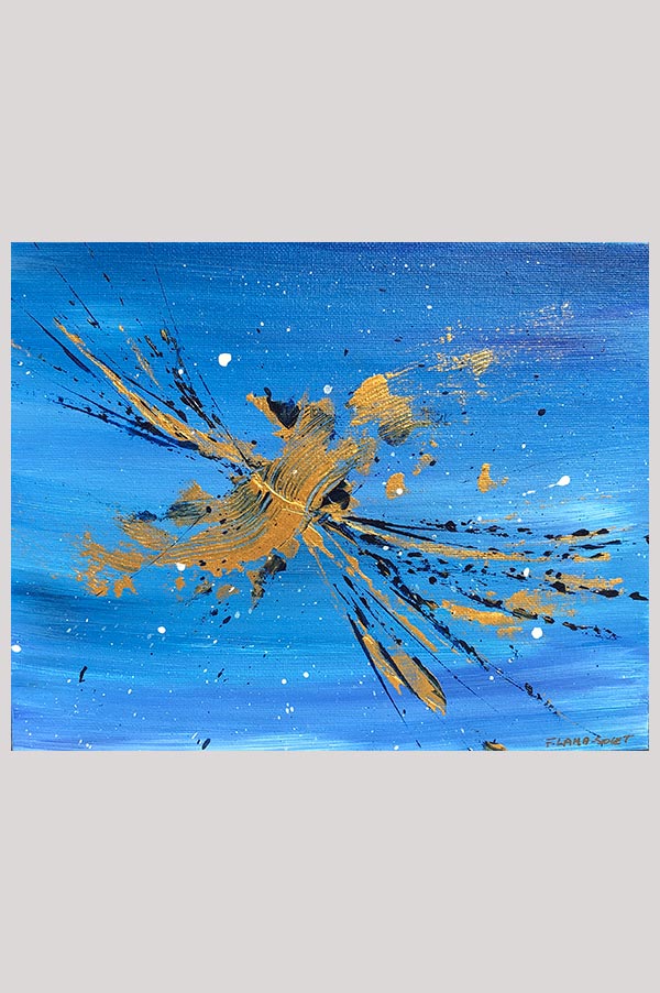 Small original contemporary abstract artwork on canvas panel in the shades blue and gold - Dragonfly
