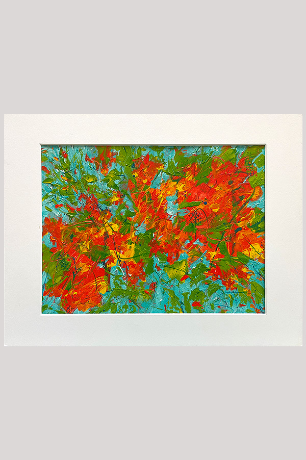 Original colorful abstract expressionism floral artwork hand painted with acrylics on watercolor paper size  10.5 x 10 inch and mounted in a mat size 14 x 11 inch - Explosion of Joy