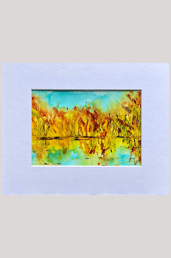 Small original abstract landscape painting of fall trees reflecting in water, painted on watercolor paper and mounted in a mat - Fall Reflection