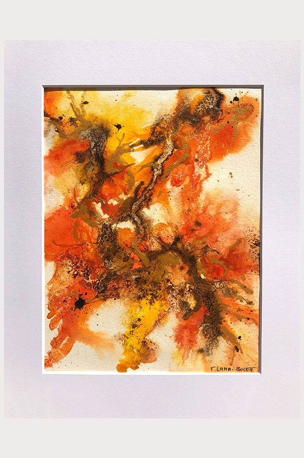Warm colors modern abstract painting in the shades orange, yellow, brown and gold done on watercolor paper and mounted on white board size 11 x 14 - Fall Rising
