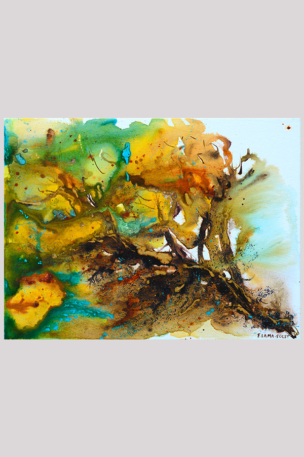 Fluid landscape acrylic painting of an abstract tree with warm colors done on canvas panel size 12 x 9 - Fallen Tree