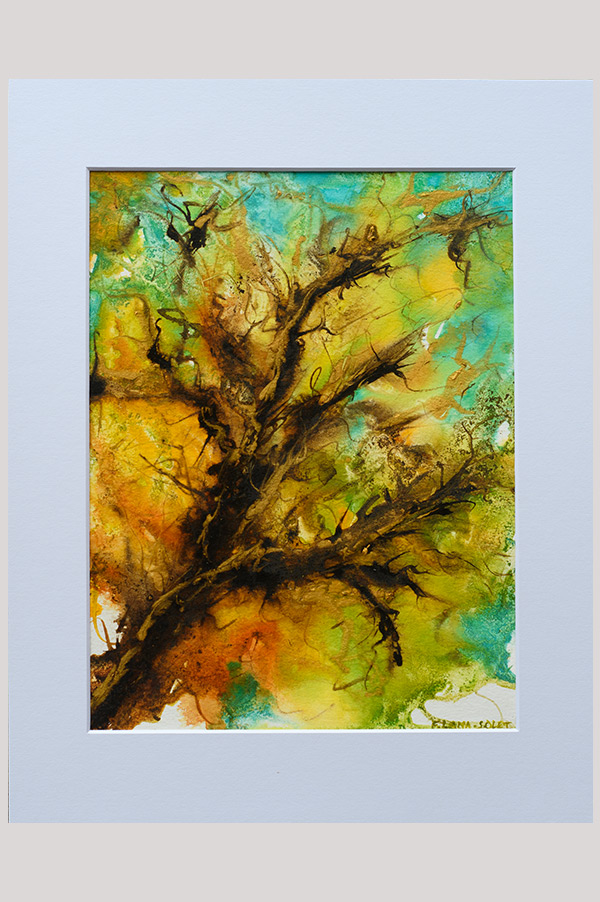 Fluid acrylic painting of an abstract tree with warm colors done watercolor paper and mounted on white board size 11 x 14 - Fantasy Tree