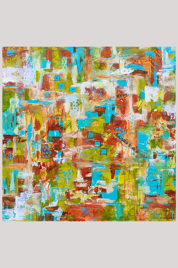 Original contemporary mixed media abstract painting in different shades of turquoise, green, orange and white hand painted on gallery wrapped canvas size 24 inches x 24 inches - Find Your Way