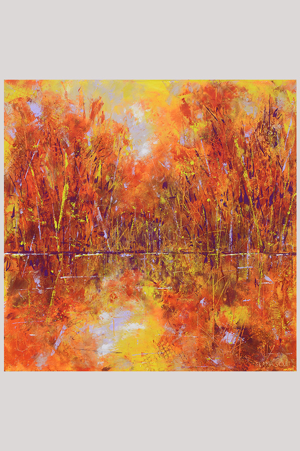 Original mixed media abstract landscape painting of an autumnal scenery with trees reflecting in a lake painted with oil and cold wax on cradle wood panel size 12 x 12 inches - Flamboyant Trails Lakeview