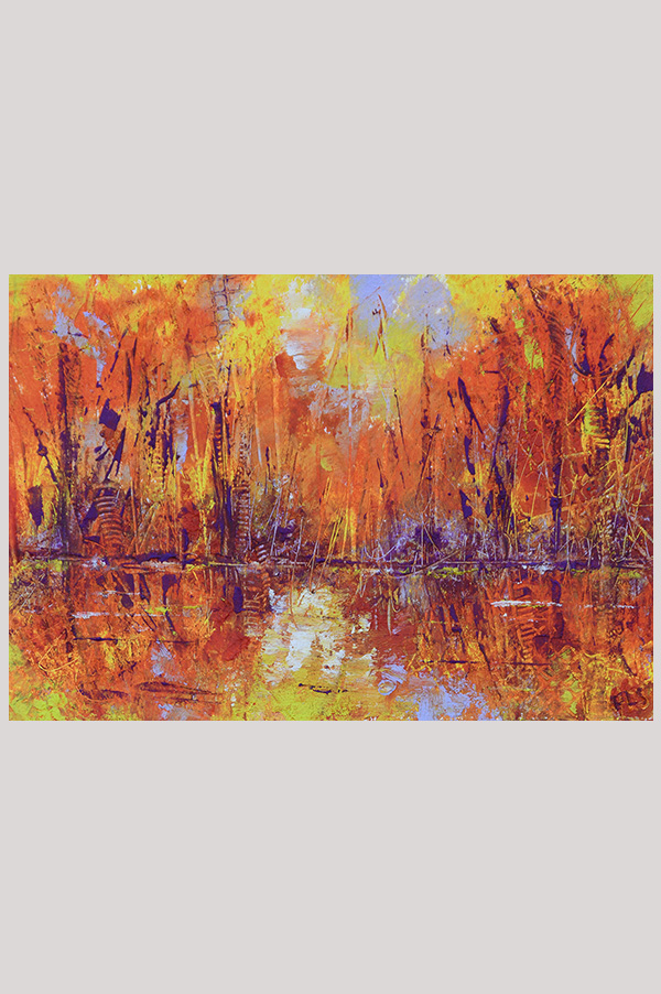 Original mixed media abstract landscape painting of an autumnal water reflection done with oil and cold wax on oil paper size 5 x 7 inches - Flamboyant Trails Lakeview