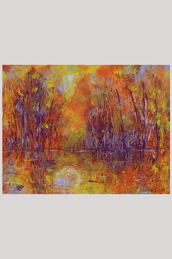 Original mixed media abstract landscape painting of an autumnal water reflection done with oil and cold wax on oil paper - Flamboyant Trails Lakeview