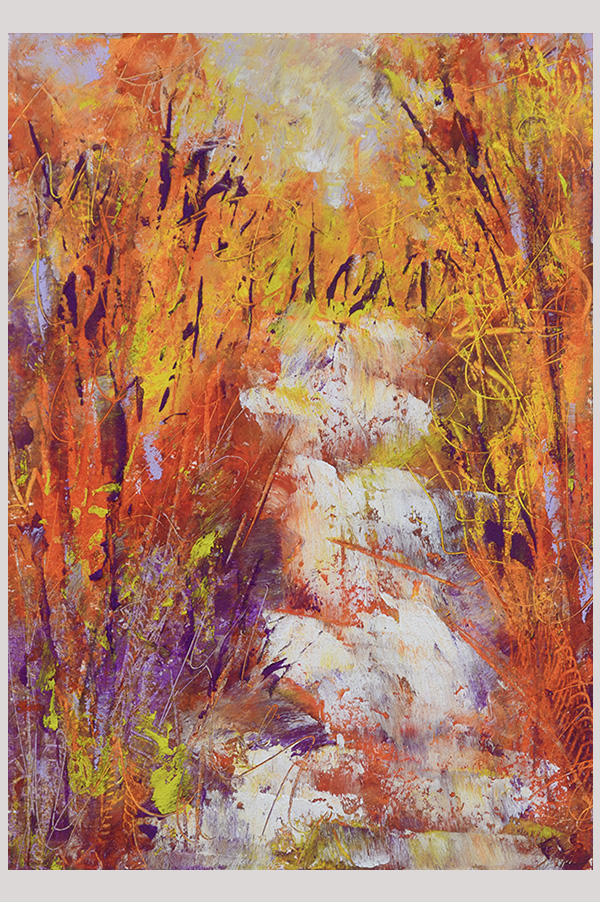 Original mixed media abstract landscape painting of an autumnal waterfall scenery painted with oil and cold wax on Arches oil paper size 5 x 7 inches - Flamboyant Trails Waterfalls