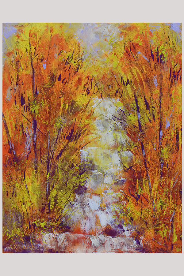 Original mixed media abstract landscape painting of an autumnal waterfall scenery painted with oil and cold wax on Arches oil paper - Flamboyant Trails Waterfalls #2