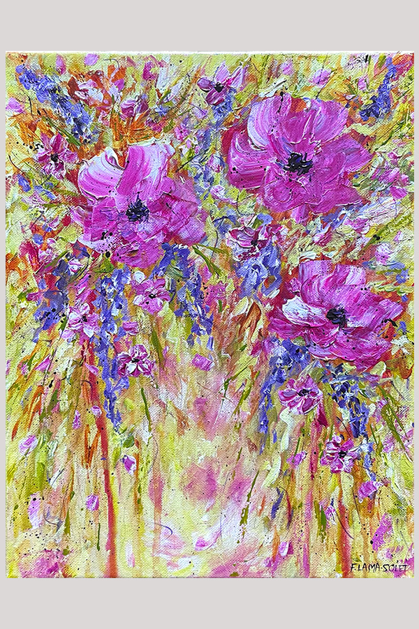 Original colorful mixed media abstract floral acrylic painting on stretched canvas size 11 x 14 inch - Floral Explosion