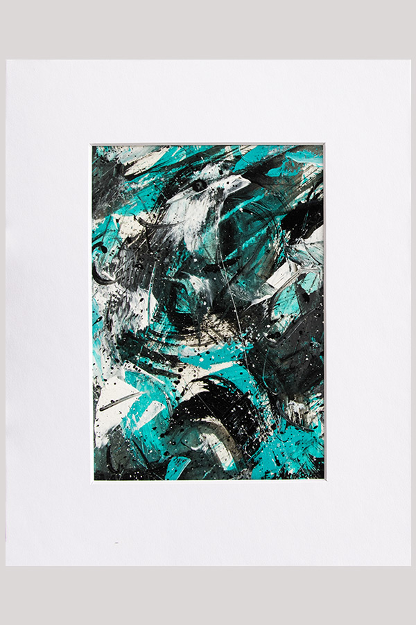 Small original teal, black and white intuitive expressionism abstract painting size 4.5 x 6.5 inch done on watercolor paper and mounted in a mat - Fly Away