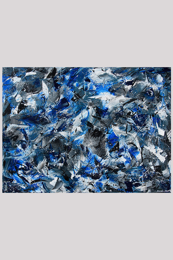 Original intuitive expressive abstract painting on stretched canvas size 24 x 18 inch in the shades blue, black, white and gray - Free To Fly
