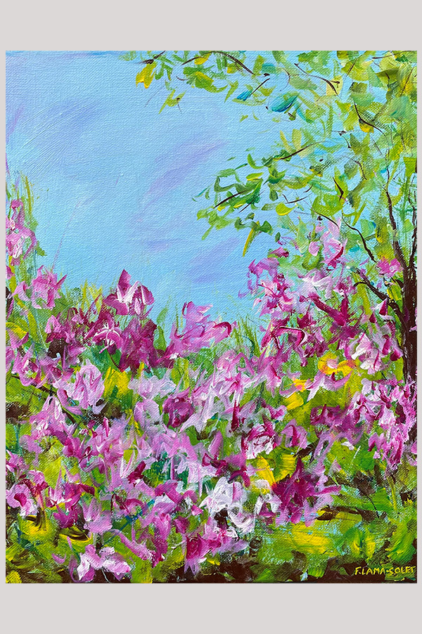 Original colorful abstract floral acrylic painting of meadows and tree on stretched canvas size 11 x 14 inch - Happy Place