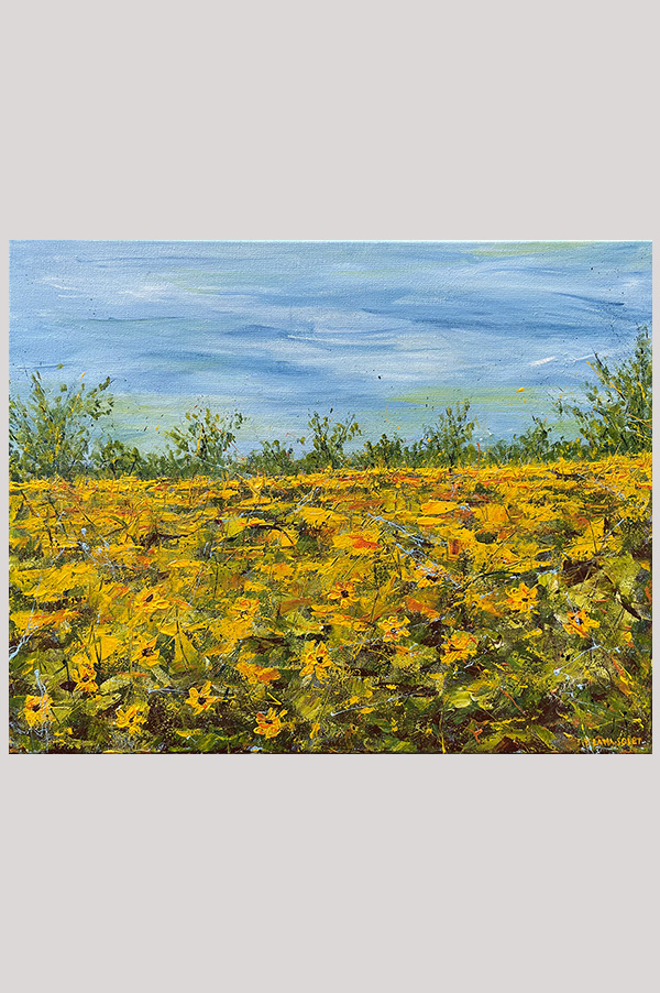Original abstract floral landscape painting of a field of sunflowers in rich and warm colors of yellows, green, ochre, burnt sienna and blue size 20 x 16 - Hello Sunshine