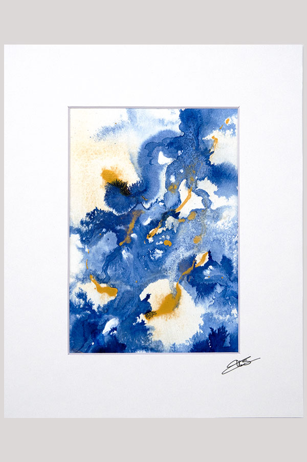 Original indigo blue and gold contemporary abstract painting  done on watercolor paper and mounted on white board size 8 x 10 - Hope