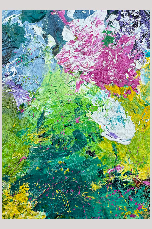 Colorful original contemporary textured abstract painting on cradel wood panel size 7 x 5 inches - Impressionist Garden