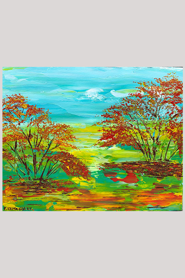Original abstract acrylic painting on canvas panel size 8 x 10 inches featuring a colorful fall landscape artwork using palette knife work - Indian Summer