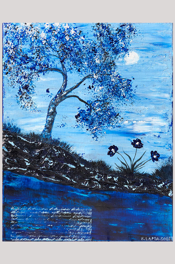 Original monochromatic textured mixed media abstract landscape painting in different shades of blues - Into The Night