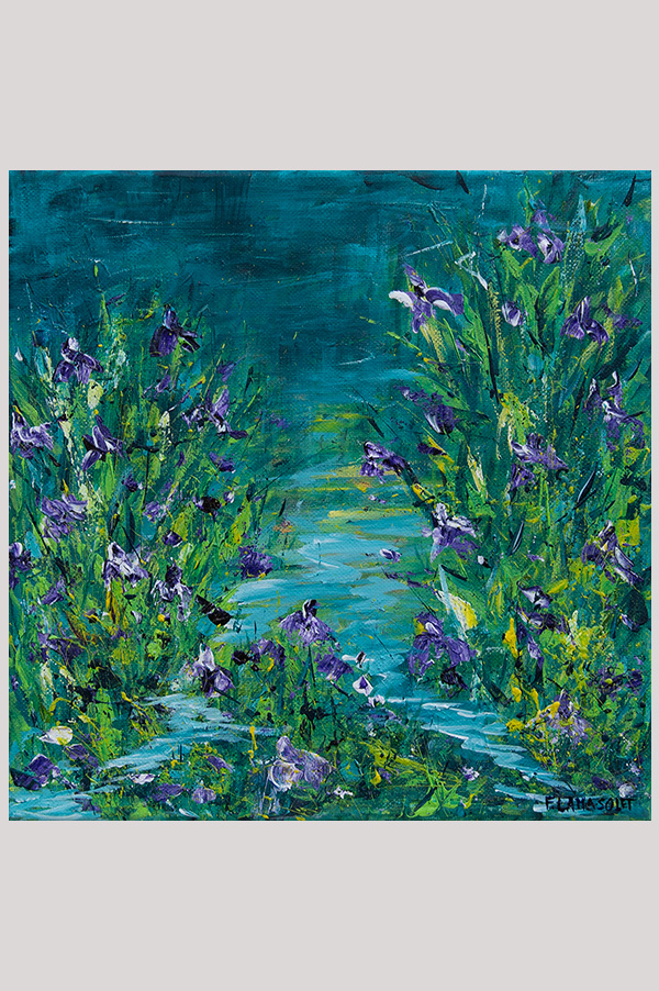 Original colorful loose impressionist landscape floral painting of an iris pond hand painted with acrylics on stretched canvas size 10 x 10 inches - Irises by the Pond