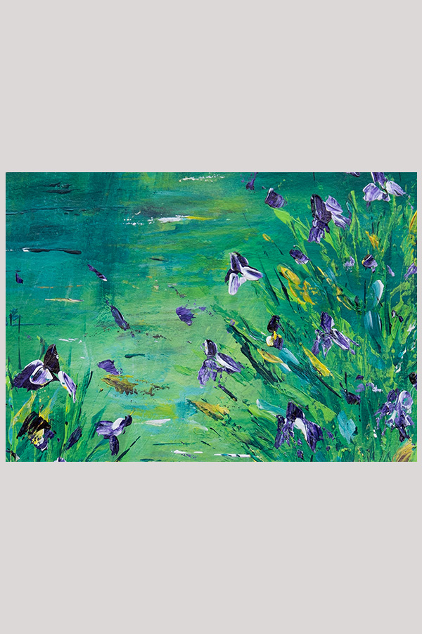 Original colorful loose impressionist landscape floral painting of an iris pond hand painted with acrylics on watercolor paper size  7 x 5 inch and mounted in a mat size 10 x 8 inch - Irises by the Pond