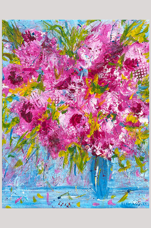 Original colorful impressionist of a pink bouquet of flowers in a vase on blue background painted on stretched canvas size 8 x 10 inches - Joy