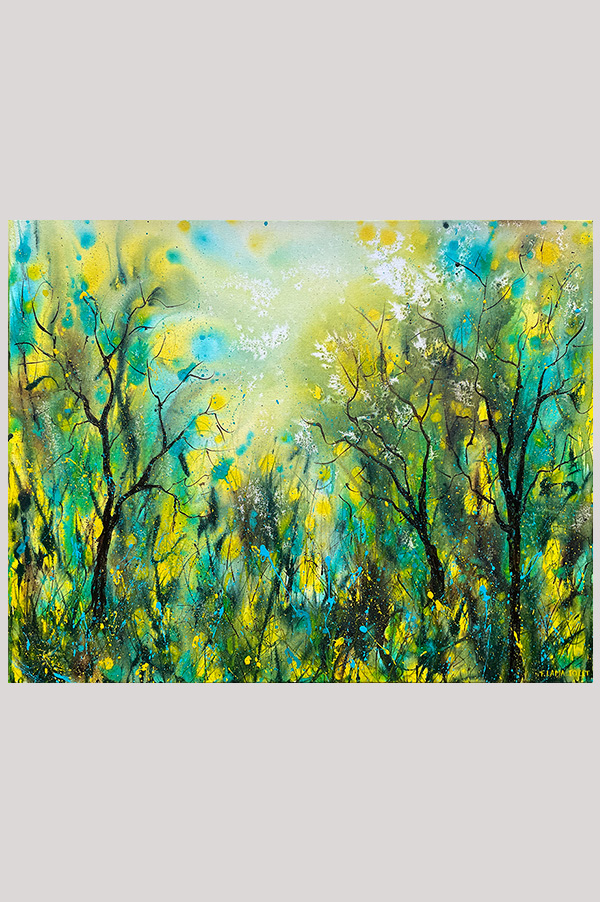 Original abstract landscape painting of trees and woodland in the shades yellow, green, turquoise and sepia hand painted on canvas size 20 x 16 inch - Joyful Spring
