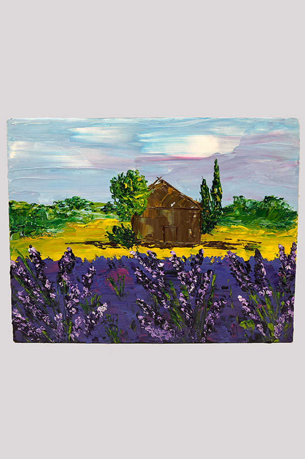 Beautiful original abstract artwork painted with palette knife and featuring French lavender landscape on canvas board - Lavender Fields of Provence