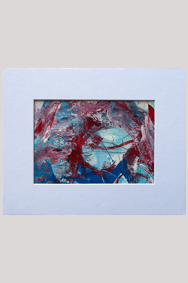 Small original intuitive expressive abstract painting size 4.5 x 6.5 inch in the shades blue, red and white done on watercolor paper and mounted in a mat - Light At The End Of The Tunnel