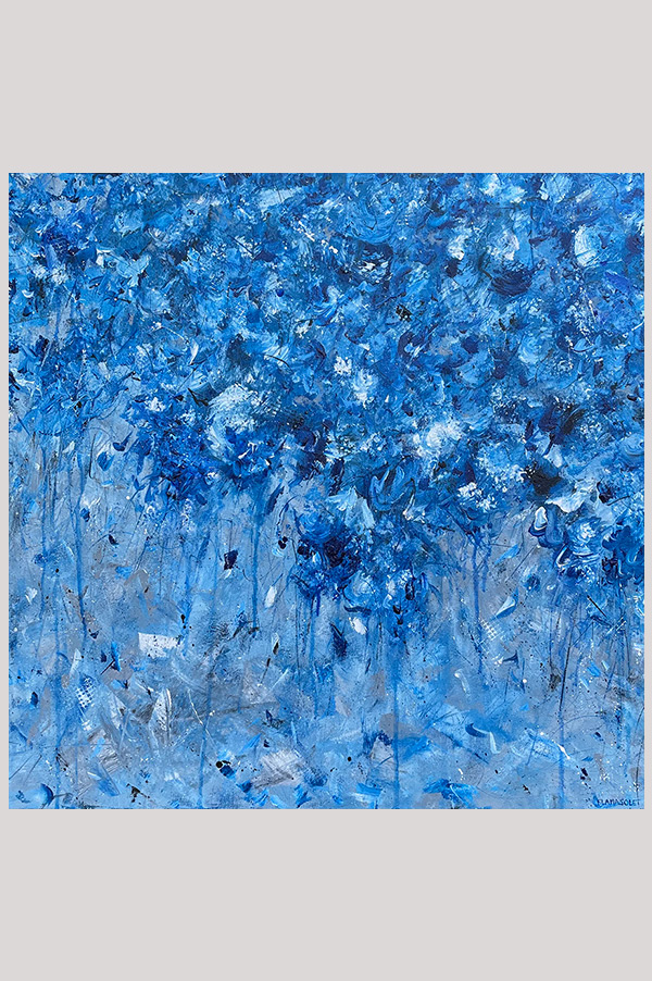 Original monochromatic abstract floral painting in different shades of blue hand painted on gallery wrapped canvas size 24 inches x 24 inches - Listen to the Blues