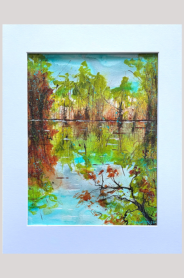 Original acrylic abstract landscape painting of tree reflection in water done on watercolor paper - Mirror Lake