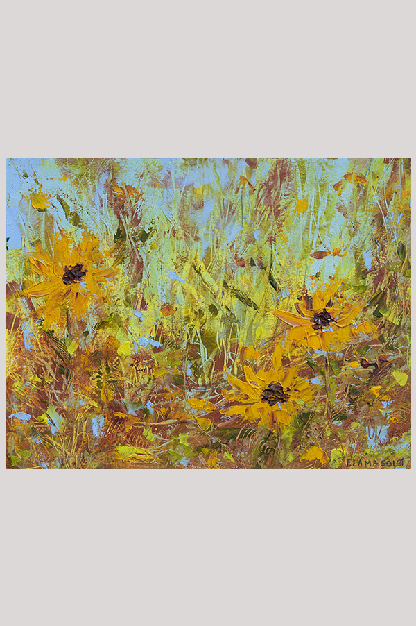 Original mixed media abstract landscape painting with sunflowers done with oil and cold wax on oil paper - Good Morning Sunshine