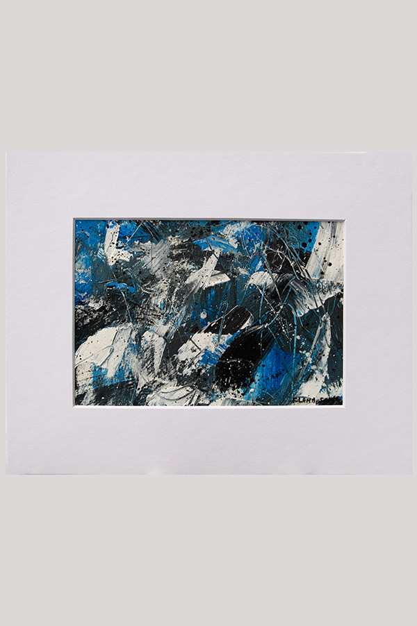 Small original intuitive expressive abstract painting size 4.5 x 6.5 inch in the shades blue, black, white and gray done on watercolor paper and mounted in a mat - No Limits