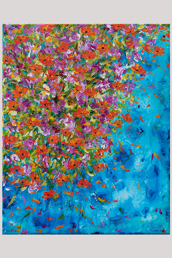 Colorful original impressionist floral painting of a bouquet inspired the California poppies, bougainvilleas and the ocean painted on a stretched canvas size 16 x 20 - Ocean Blooms