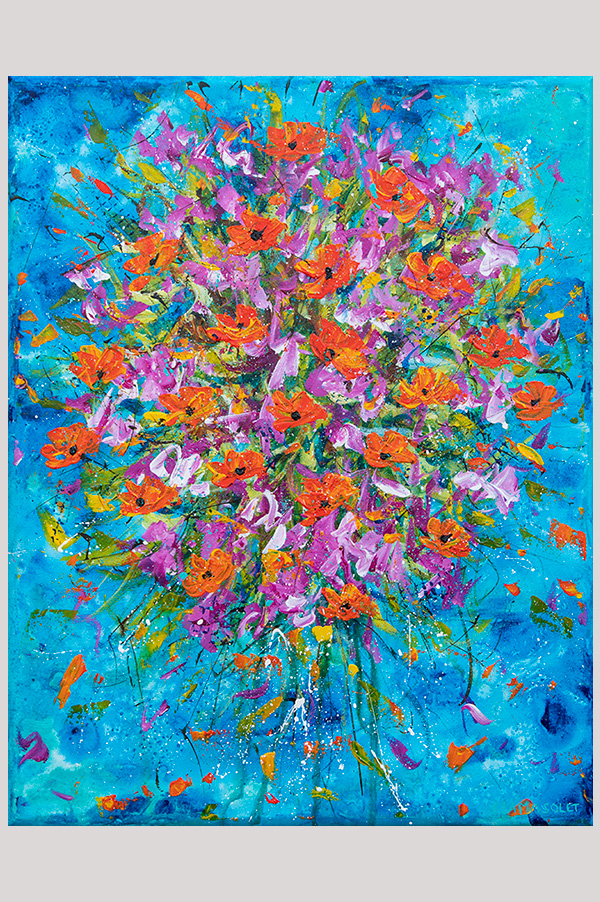 Colorful original impressionist floral painting of a bouquet inspired the California poppies, bougainvilleas and the ocean painted on a stretched canvas size 11 x 14 - Ocean Bouquet