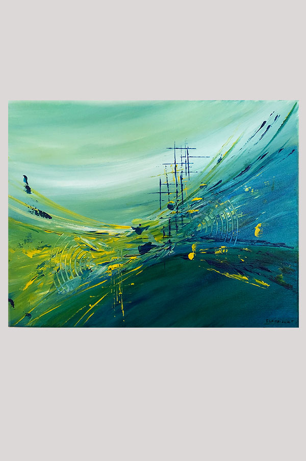 Original contemporary modern abstract painting on stretched canvas in the shades blue, yellow and green - Odyssey1