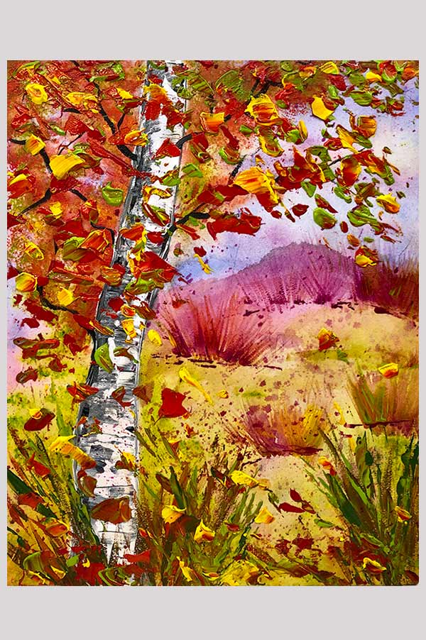 Small mixed media landscape painting featuring an abstract autumn landscape and a birch tree in the fall – Couleurs d’Automne