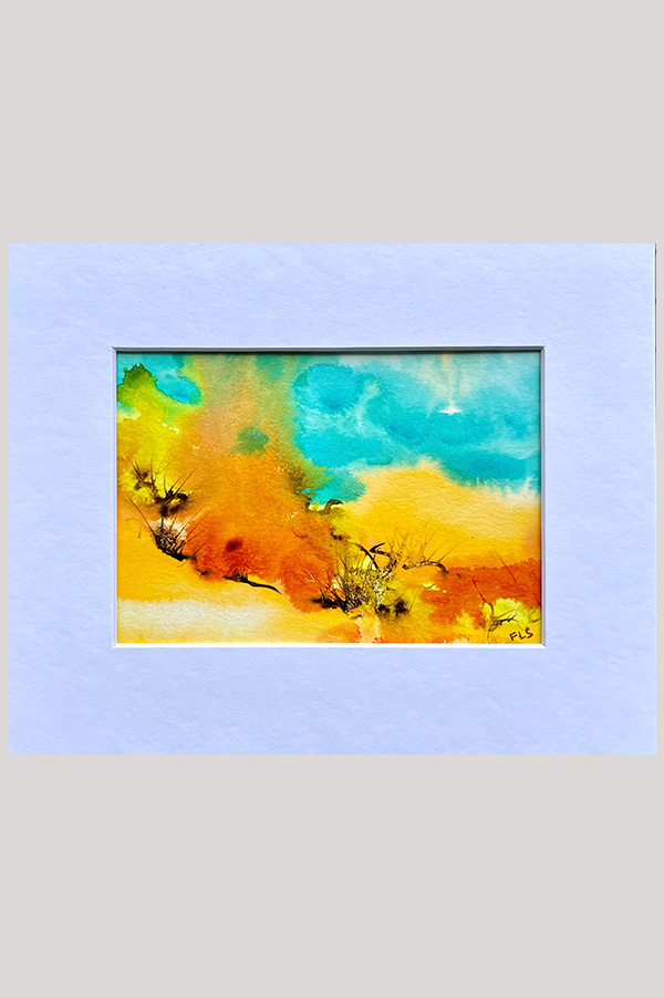 Small original abstract landscape painting size 6.5 x 4.5 inch in the shades aqua, yellow and orange done on watercolor paper and mounted in a mat - Peaceful Day