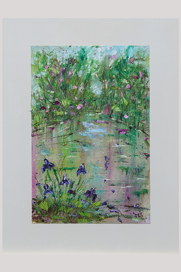 Original impressionist oil painting of trees reflecting in a pond with irises hand painted on a cotton canvas sheet and mounted on a painted wood panel size 9 x 12 inch - Pink Pond