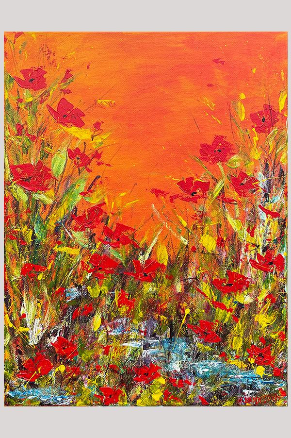 Original impressionist landscape floral painting of a sunset over a red poppy flower field on stretched canvas size 11 x 14 inch - Poppies by the Creek