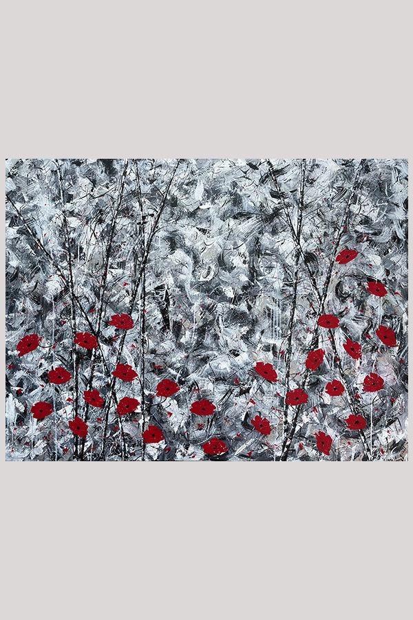 Large original contemporary white, black and metallic silver abstract painting with red poppies done on gallery wrapped canvas size 36 x 48 inches - Poppies In The Forest