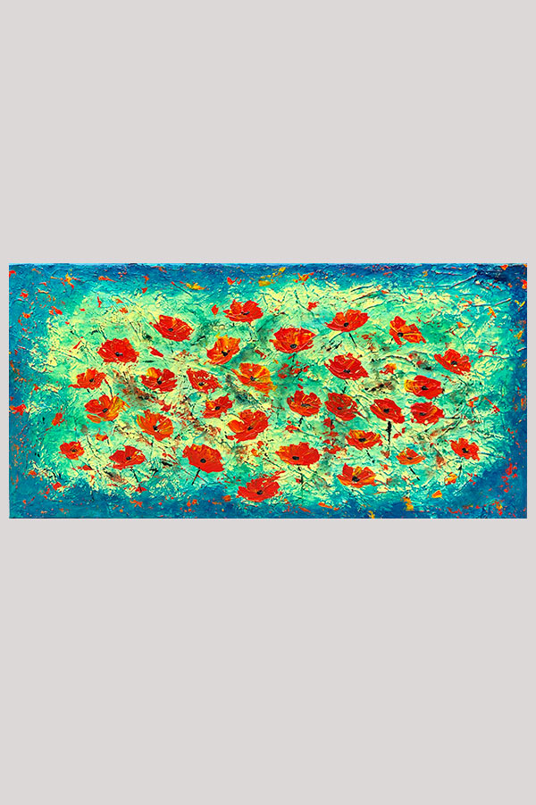 Modern textured mixed media acrylic painting on canvas featuring beautiful orange and red poppies - Poppies