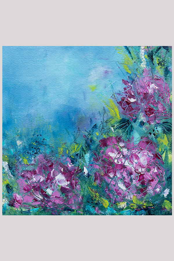 Original mixed media impressionist floral painting of peonies done with oil and cold wax on cradle wood panel size 8 x 8 inches - Pretty Peonies