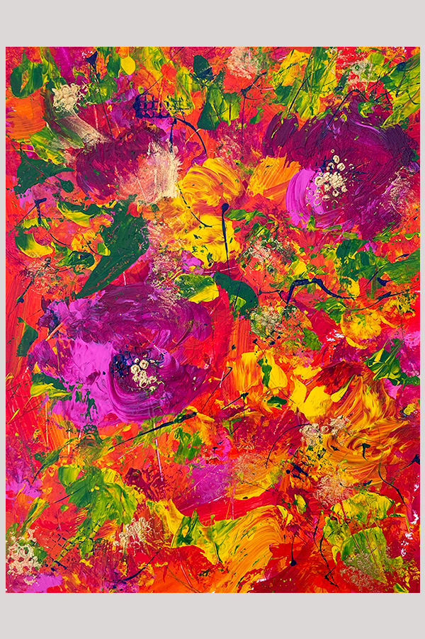 Original colorful expressionist floral painting hand painted with acrylics on watercolor paper size 8.25 x 10.75 inch and mounted in a mat size 11 x 14 inches - A Punch of Colors