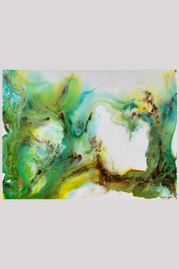 Contemporary green and gold fluid abstract painting on gallery wrapped canvas size 24 x 18 inches - Where The River Runs