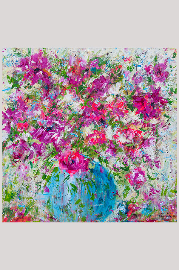 Colorful Original contemporary abstract expressionist painting of flowers in a vase  hand painted with acrylics on a gallery wrapped canvas size 20 x 20 inches - Romance
