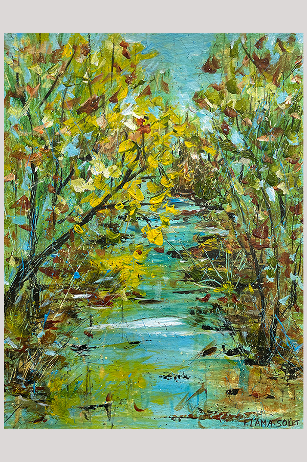 Original impressionist landscape painting of a fall scenery with trees reflecting in the water done one watercolor paper - Serenade d'Automne