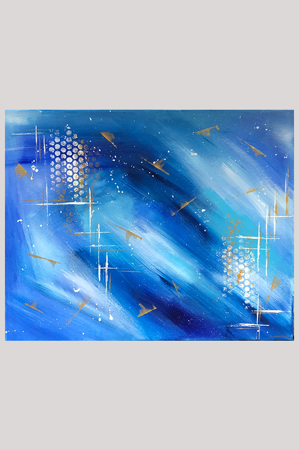 Contemporary modern abstract wall decor in different shades of blue with gold accents painted on stretched canvas with acrylics – Shades of Gold