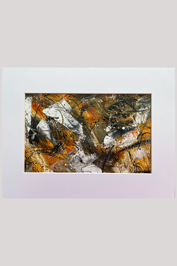 Small original black, white and orange acrylic modern abstract painting size 5 x 8 inch done on watercolor paper and mounted in a mat - Sonate d'Automne